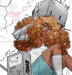 a drawing of a woman with curly hair and an oven on her head, holding a camera