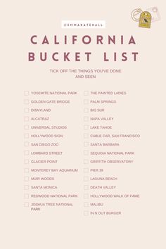 the california bucket list is shown in pink