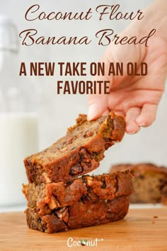 two banana breads stacked on top of each other with text overlay reading easy one - bowl banana bread moist and delicious