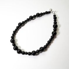 925 Sterling Silver Mixed size Black Onyx 16" length strap Classic Onyx Necklace With Black Beads, Classic Onyx Necklace With Black Enamel, Formal Black Onyx Necklace, Black Onyx Choker Jewelry, Elegant Adjustable Onyx Necklace, Black Choker Necklace For Evening, Adjustable Onyx Choker Necklace, Black Enamel Necklace For Evening, Formal Black Necklaces With Black Beads