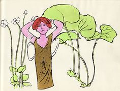 a drawing of a woman with red hair standing in front of a large leafy plant