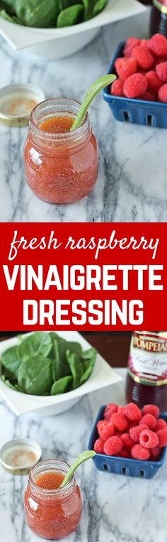 fresh raspberry vinaigrette dressing in mason jars with spinach leaves