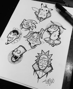 some cartoon characters are drawn on a piece of paper with a pen in front of them