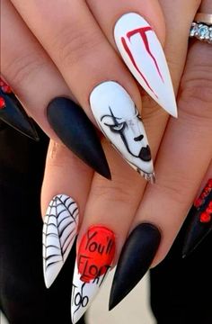 halloween nails, horror movie nails, It nails, pennywise nails, spooky nails, stiletto nails Ongles Halloween, Black Halloween Nails, Halloween Nails Diy, Halloween Acrylic