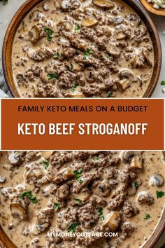 two images with the words family keto meals on a budget and an image of a bowl of beef stroganonoff