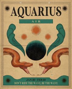 an advertisement for aquarius air with two snakes