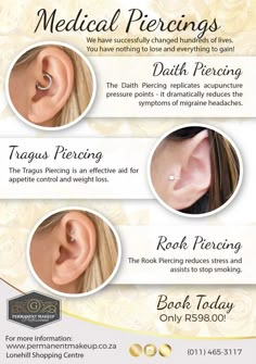 an advertisement for medical piercings with three different types of ear and nose piercings