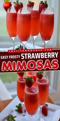 strawberry mimos are served in wine glasses with strawberries on the top and below