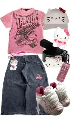 Softie Style Outfits, Hello Kitty Fashion Outfits, Hello Kitty Shirt Outfits, Baggy Cute Outfits, Cute Hello Kitty Outfits, Hello Kitty Inspired Outfits, Outfits On People, Hello Kitty Outfit Ideas, Hello Kitty Fit