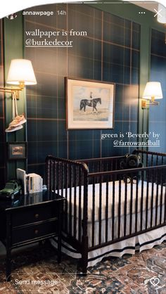 a baby crib in front of a wallpapered room with an image of a horse on it