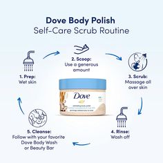 About this item -CARE WHILE YOU EXFOLIATE - Massage Dove Exfoliating Body Polish onto wet skin in the shower, before you cleanse with your favorite Dove Body Wash or Dove Beauty Bar -THOUGHTFULLY MADE - This body scrub is PETA-certified cruelty-free. Feel good about switching to Dove. A great addition to your skin care routine Dove Scrub, Smooth Skin Body, Best Body Scrub, Dove Body Wash, Exfoliating Body Scrub, Diy Body Care