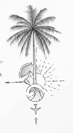 a black and white drawing of a palm tree with an arrow pointing to the right