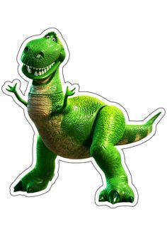 a sticker of a green dinosaur with its mouth open and hands out in the air