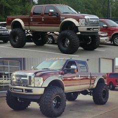 there are two pictures of trucks in the same parking lot, one is red and the other is brown