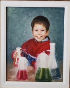 a painting of a young boy sitting in front of some colored beaks and flasks