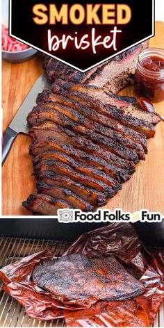 grilled steaks with bbq sauce on top and the words smoked brisket above it