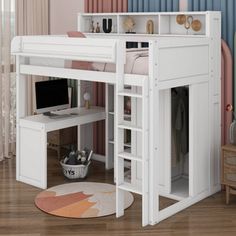 a white loft bed with desk underneath it