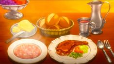 a painting of food on a table with utensils and other items around it