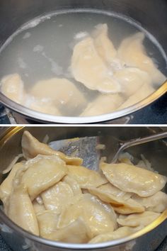 two pictures of dumplings being cooked in a pot