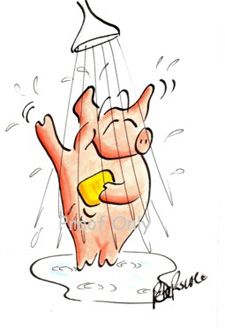 a drawing of a pig in the shower with water coming from it's head