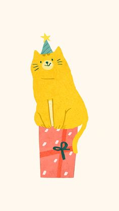 a yellow cat with a party hat sitting on top of a present wrapped in pink paper