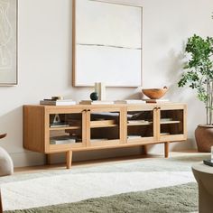 a living room scene with focus on the entertainment center and plants in vases against the wall