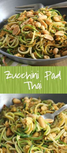 two pictures of zucchini pad thai noodles with cashews