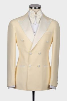 White Double Breasted Suit For Semi-formal Occasions, White Double-breasted Suit, Formal Tuxedo With Suit Collar And Button Closure, White Double Button Closure Suit For Formal Occasions, White Elegant Suit With Double Button Closure, Elegant White Suit With Double Button Closure, Semi-formal Slim Fit Tuxedo With Buttons, Beige Tuxedo Suit For Groom, White Wedding Blazer With Double Button Closure