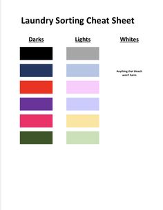 the laundry sorting chart sheet shows different colors and sizes, including darks, lightenings