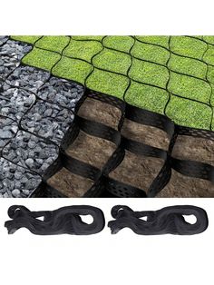 the ground is covered with grass and black plastic mesh, along with two different types of rocks