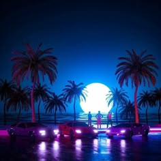 two people are standing on the beach at night with their cars parked in front of them