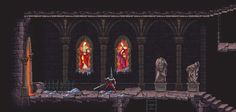 an old - school video game is shown in the dark, with statues and stained glass windows