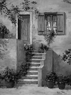 black and white drawing of steps leading to a door with flowers in pots on either side