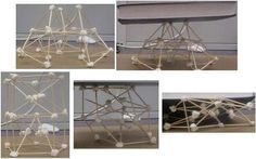 four different views of a sculpture made out of sticks and plastic balls, including an upside down table