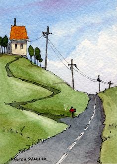 a drawing of a country road with a house on the hill and telephone poles in the distance