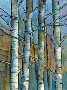 an abstract painting of trees in the woods