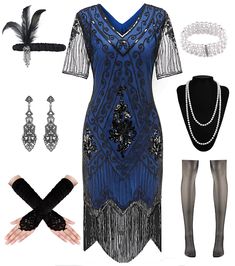 PRICES MAY VARY. Package Included-1 x sequin flapper dress, 1 x long satin gloves,1 xfeather headband, 1 x pearl necklace, 1 x earrings, 1 x pearl bracelet, 1 x fishnet stockings. Vintage Elegant Charm-The flapper dresses 1920s made of polyester fabric and soft fringe, delicate bead and sparkling sequins design, semi-sheer lace cuffs with intricate lace detailing, adding a touch of feminine allure to 20s outfit. This dress is the epitome of elegance and sophistication for your wardrobe. Fashion Roaring 20s Accessories, 20s Costume, 20s Outfit, Fringe Accessories, Retro Headband, 1920s Women, 1920s Flapper Dress, Fishnet Stockings, Lace Cuffs