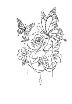 a black and white drawing of flowers with butterflies