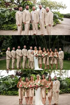 the bride and grooms are posing for pictures in their tan suits with pink bouquets