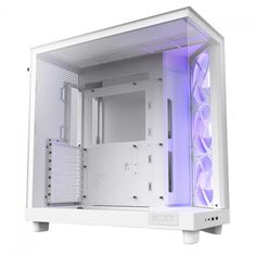 the inside of a white computer case with purple lights on it's sides and side panels