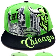 Brand New 100% Polyester Premium Chicago Downtown Snapback Hat In Alternate Hook Up Colors. Chicago Initials Along A Depiction Of A Chicago Skyline With An Angry Bull Head Off Center On A Lime Green Crown With Black Bill. Chicago Script On Bill. Bull Head Peaking On Back. One Size Fits Most. Chicago Snapback Hats Like These Usually Retail For $29 Plus Shipping, But You Can Take Advantage Of This One For Only $22 With Free Domestic Priority Mail Shipping!!! Hat Has Logos And Letters On Front And Green Adjustable Fitted Hat With Short Brim, Green Urban Snapback Hat With Flat Bill, Green Urban Sports Hat, Green Short Brim Hat For Streetwear, Casual Green Fitted Hat With Flat Bill, Urban Green Baseball Cap, Urban Green Snapback Hat, Urban Style Green Hat With Flat Bill, Green Fitted Hat With Short Brim