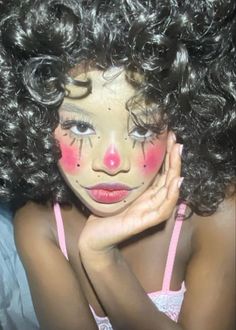 Clown Makeup Dark Skin, Clown Makeup Without White Face, Wierd Make Up, Pink And Blue Clown Makeup, Pink And Black Clown Makeup, Wacky Makeup, Coquette Clown Makeup, Victorian Clown Makeup, Cute Scary Clown Makeup