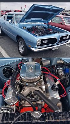 two pictures side by side of an old and new car with the engine in it's hood