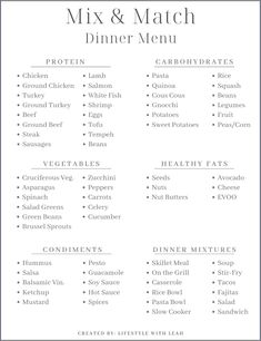 the mix and match dinner menu