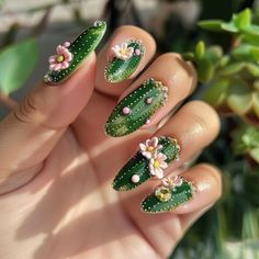 Green Korean Nails, Mexican Nail Art Mexico, Southwestern Nails, Cool Nail Inspo 2024, Flower Charm Nails, Nature Inspired Nails, Farm Nails, Nature Nails Designs, Plant Nail Art