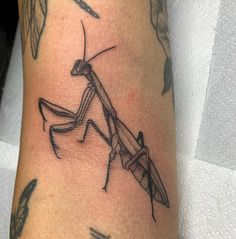 a close up of a person's arm with a tattoo on it that has an image of a praying mantissa