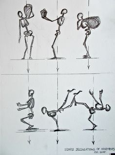 some drawings of people doing different things in the same direction, with one person standing on one leg