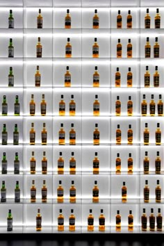 many bottles are lined up on the wall