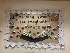 an open book with paper butterflies and reading gives your imagination wings written on it