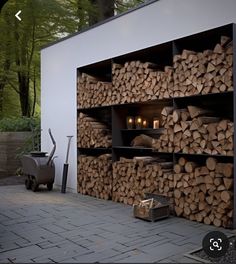 a large stack of logs sitting in front of a building